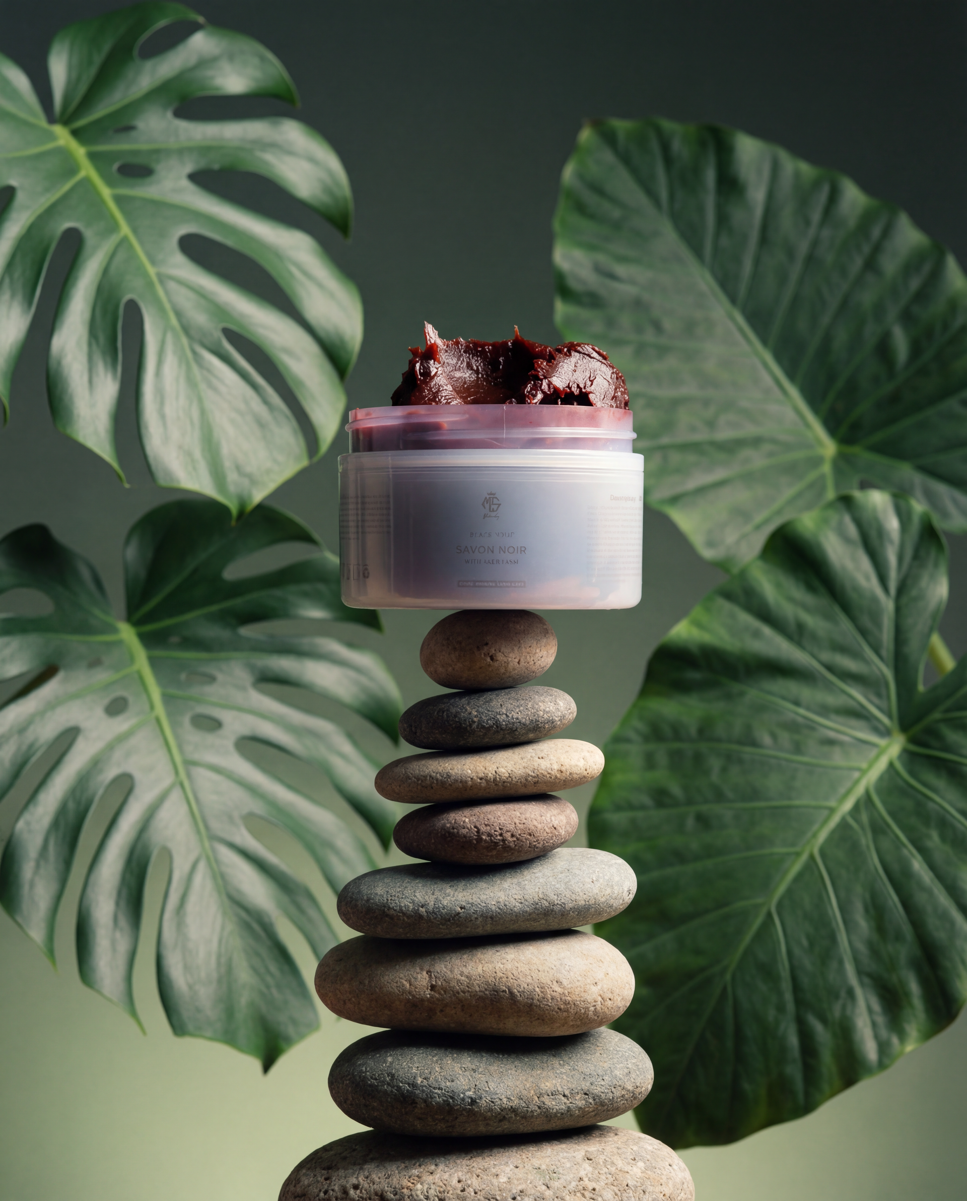 Rose-tinted aker fassi black soap showing its soft whipped texture