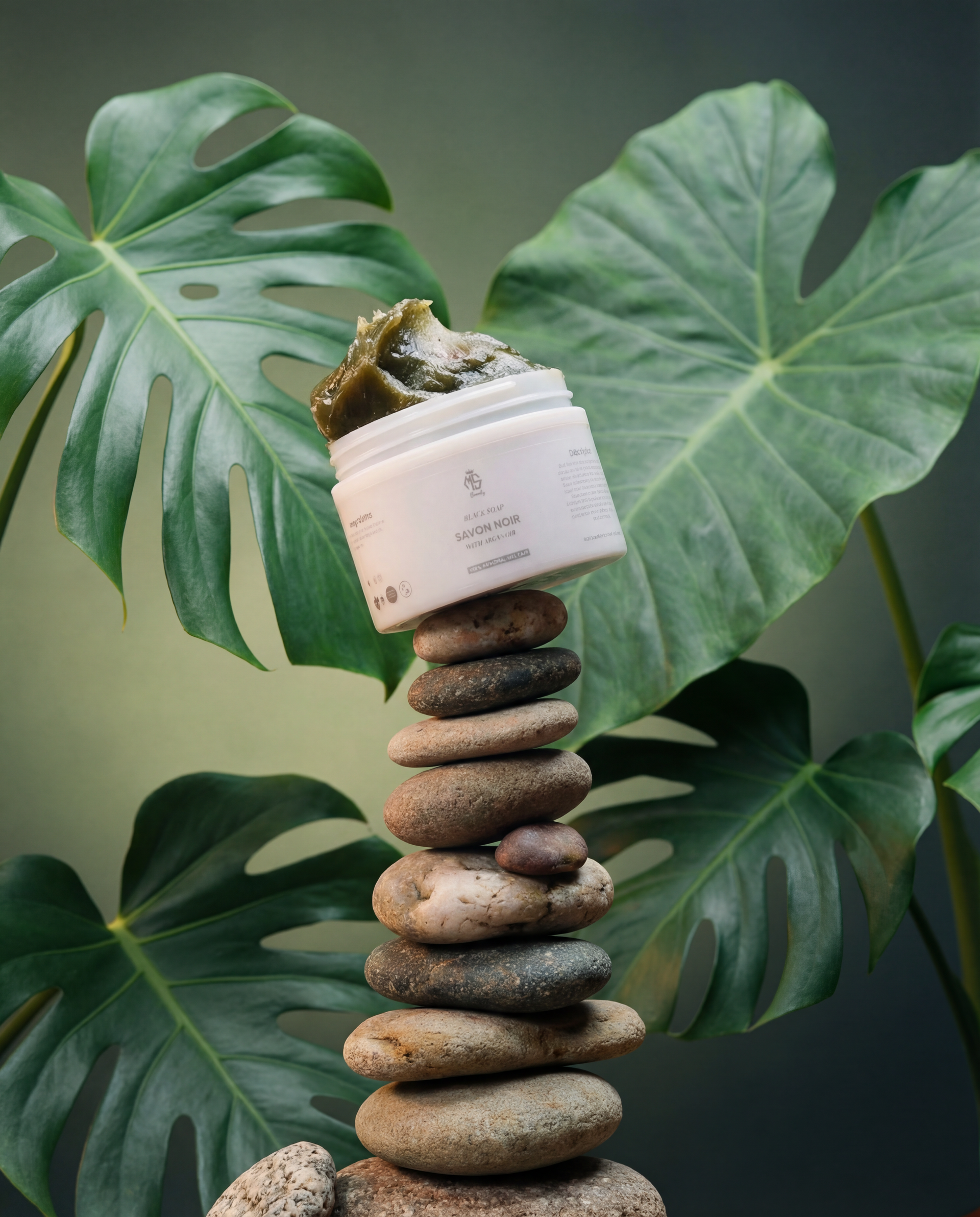 Beldi black soap arranged with hammam ritual essentials on a stone surface