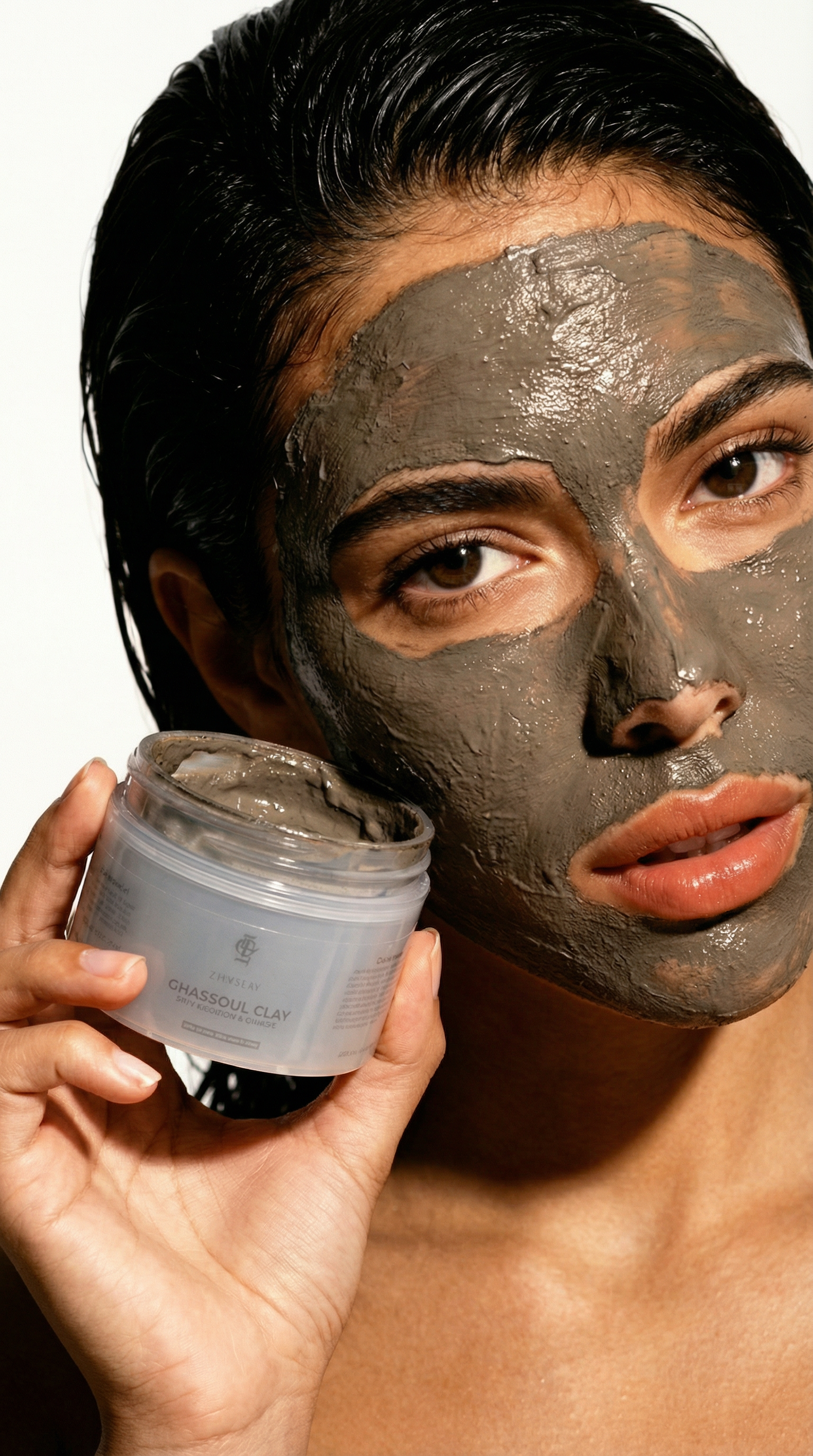 Moroccan ghassoul lava clay powder blended with six herbs, mined from the Atlas Mountains