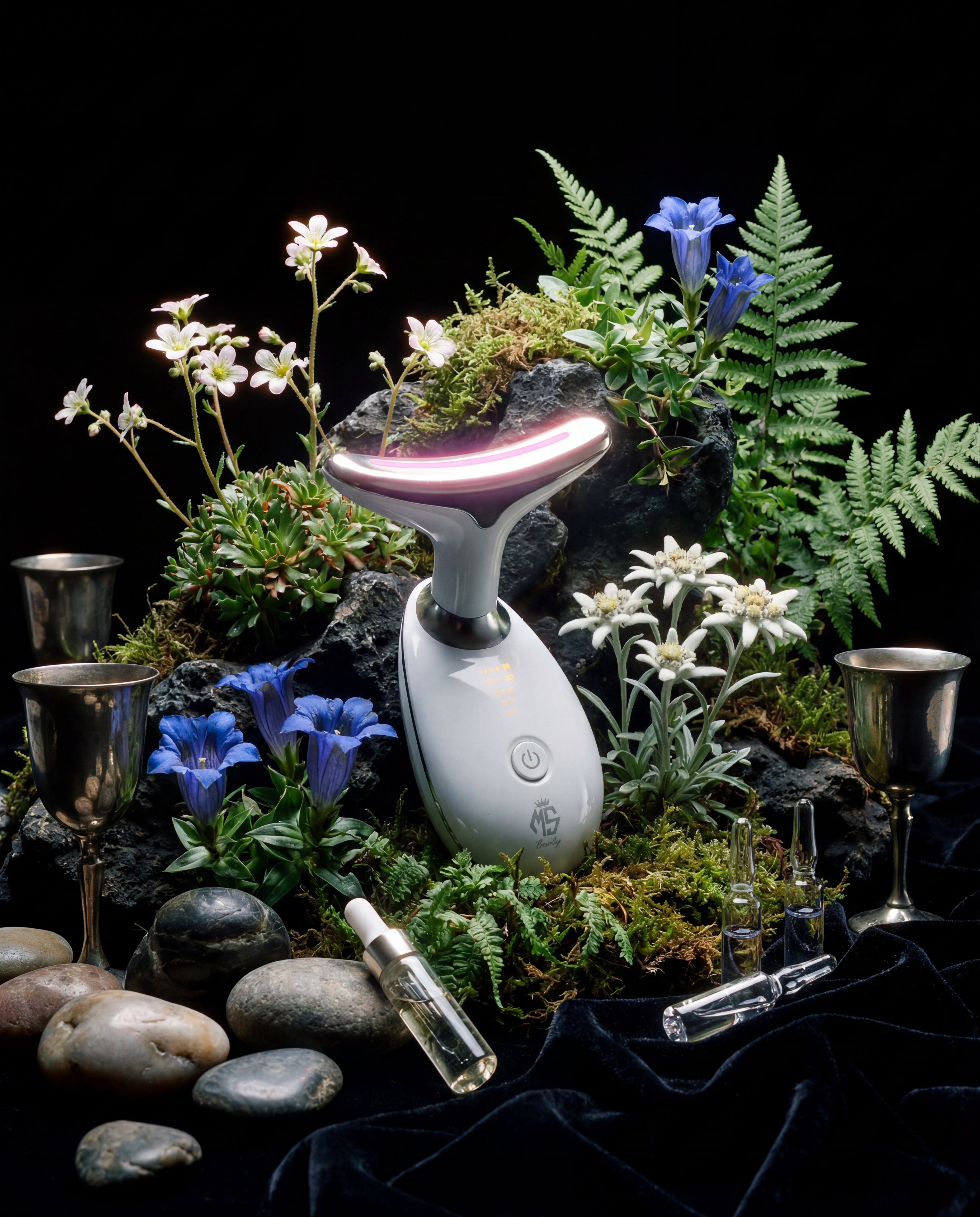 LED face and neck lifting massager styled with flowers and stones