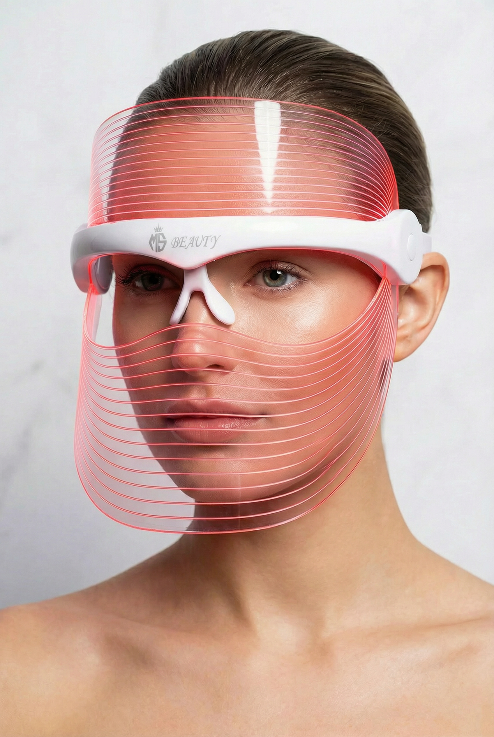 LED light therapy face mask shown at an angle against a plain background