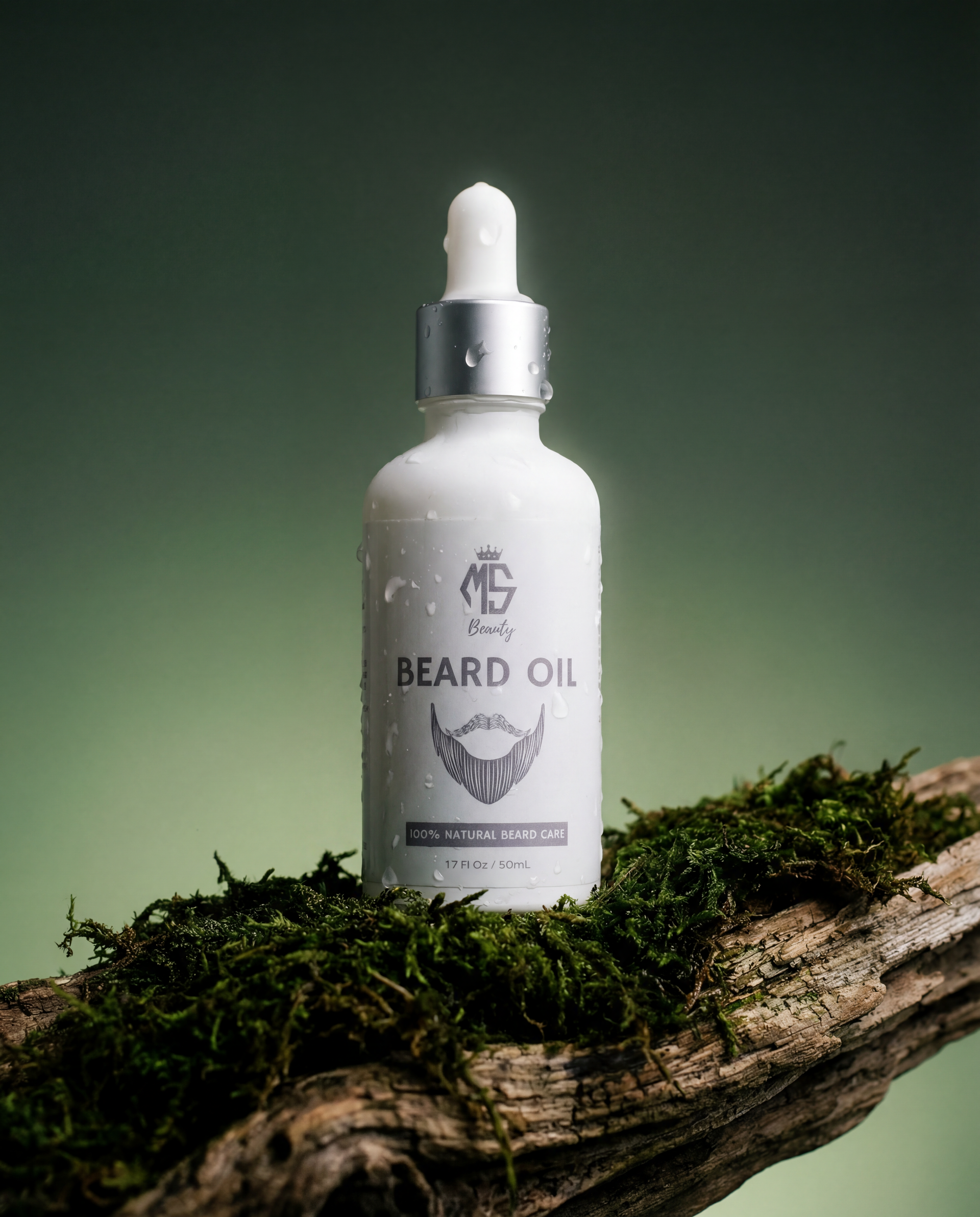Bottle of beard oil on a branch with a green gradient background