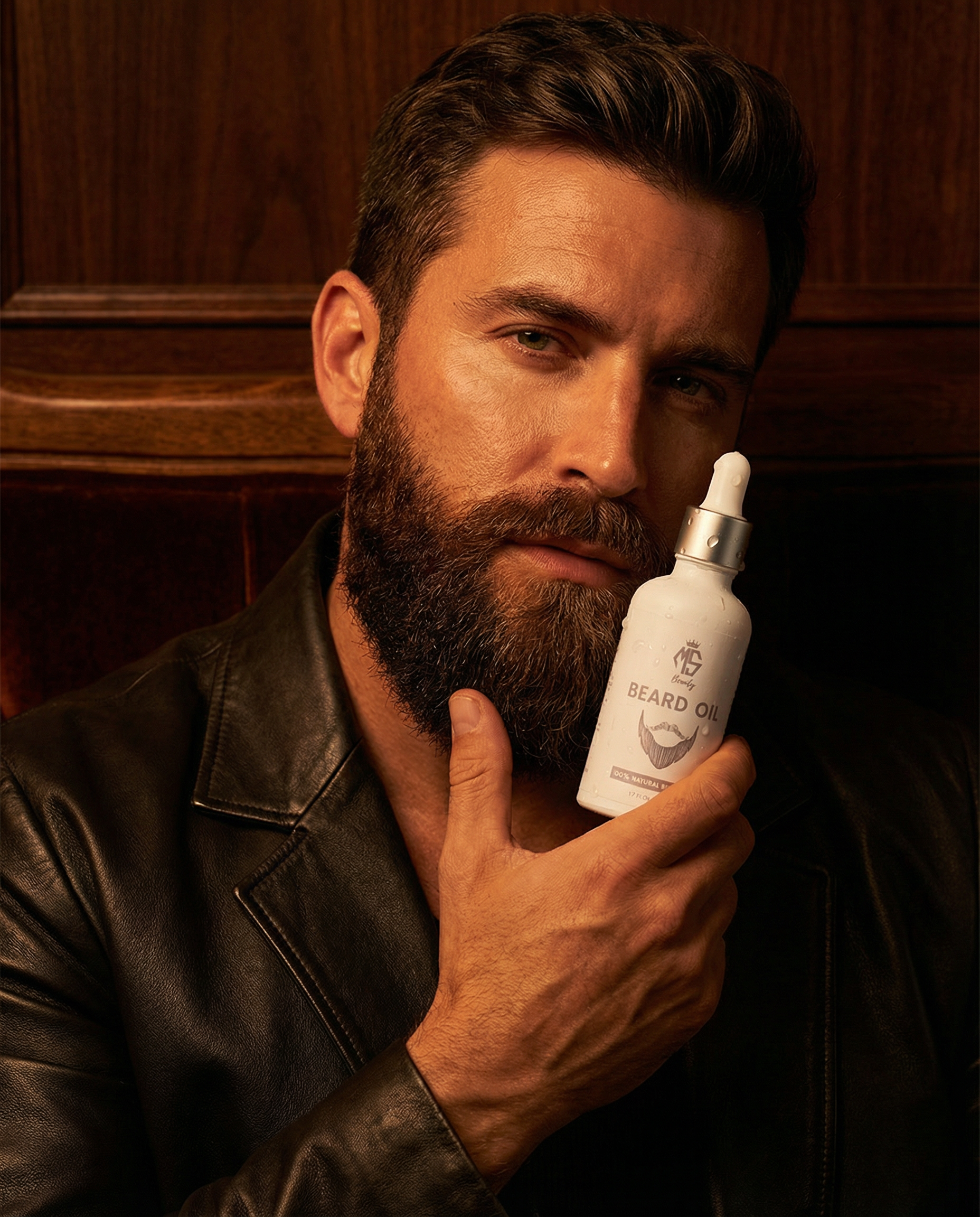 Man with beard holding bottle of Moroccan beard growth oil