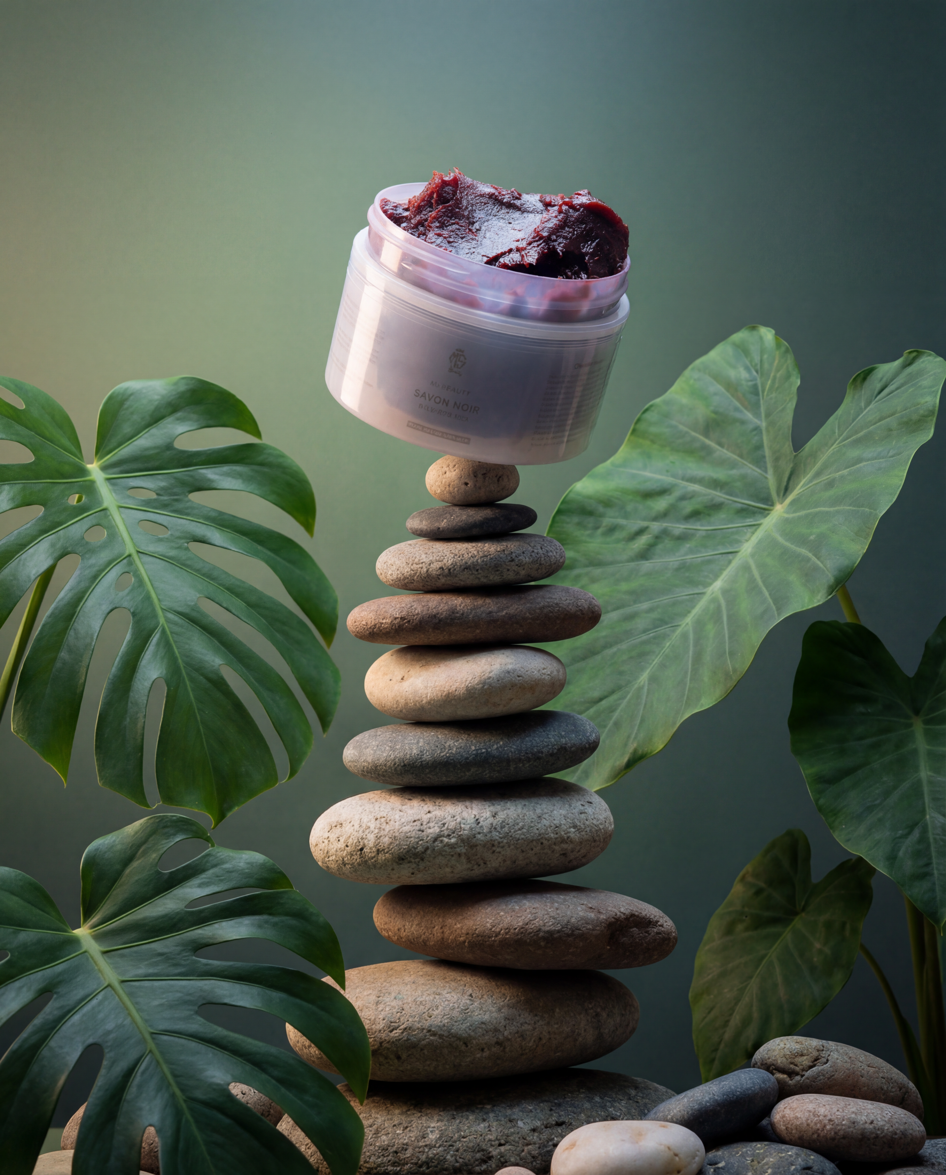 Moroccan black soap with aker fassi, the traditional rose and pomegranate bark preparation, in a glass jar
