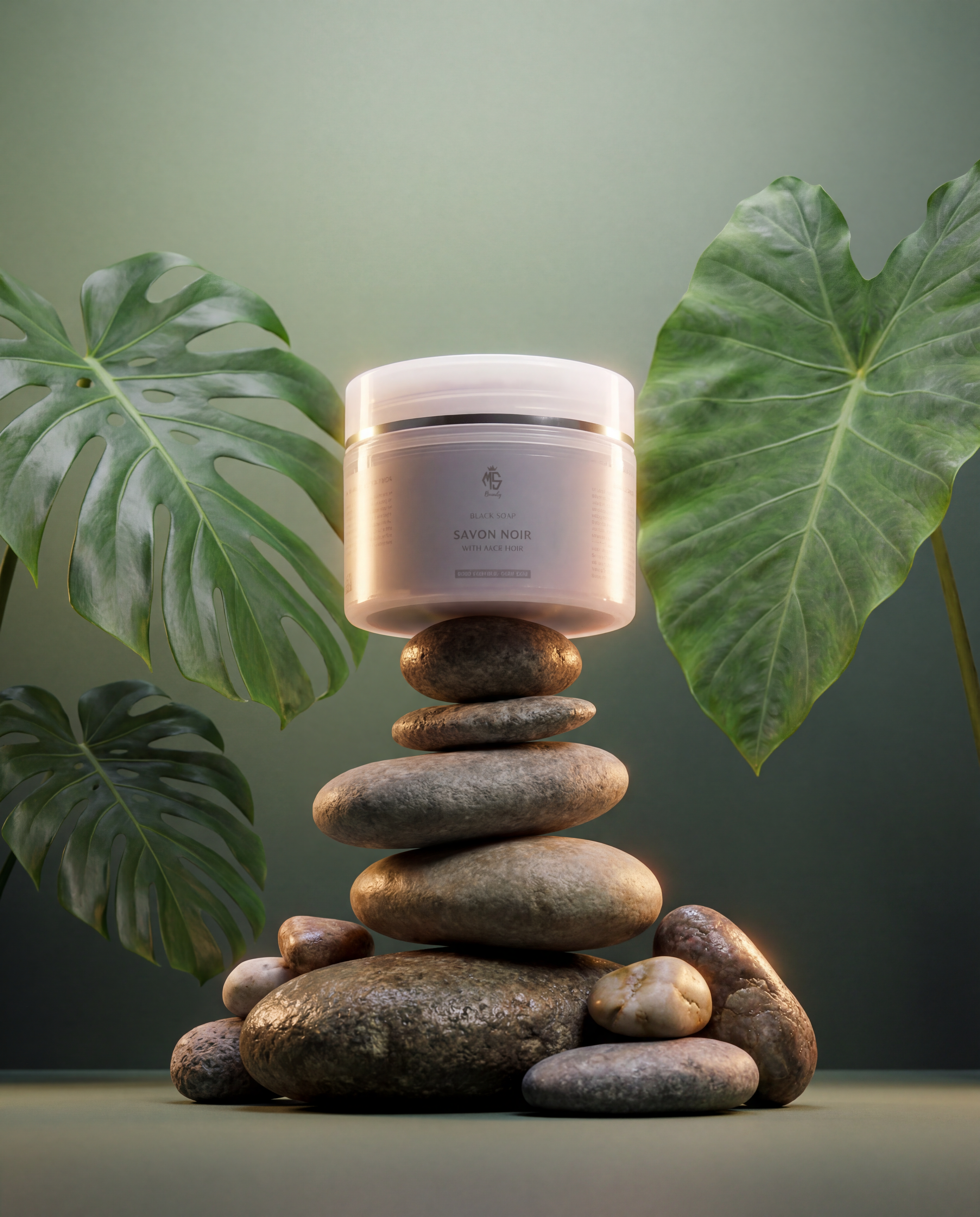 Jar of cream on stacked stones with green leaves in the background