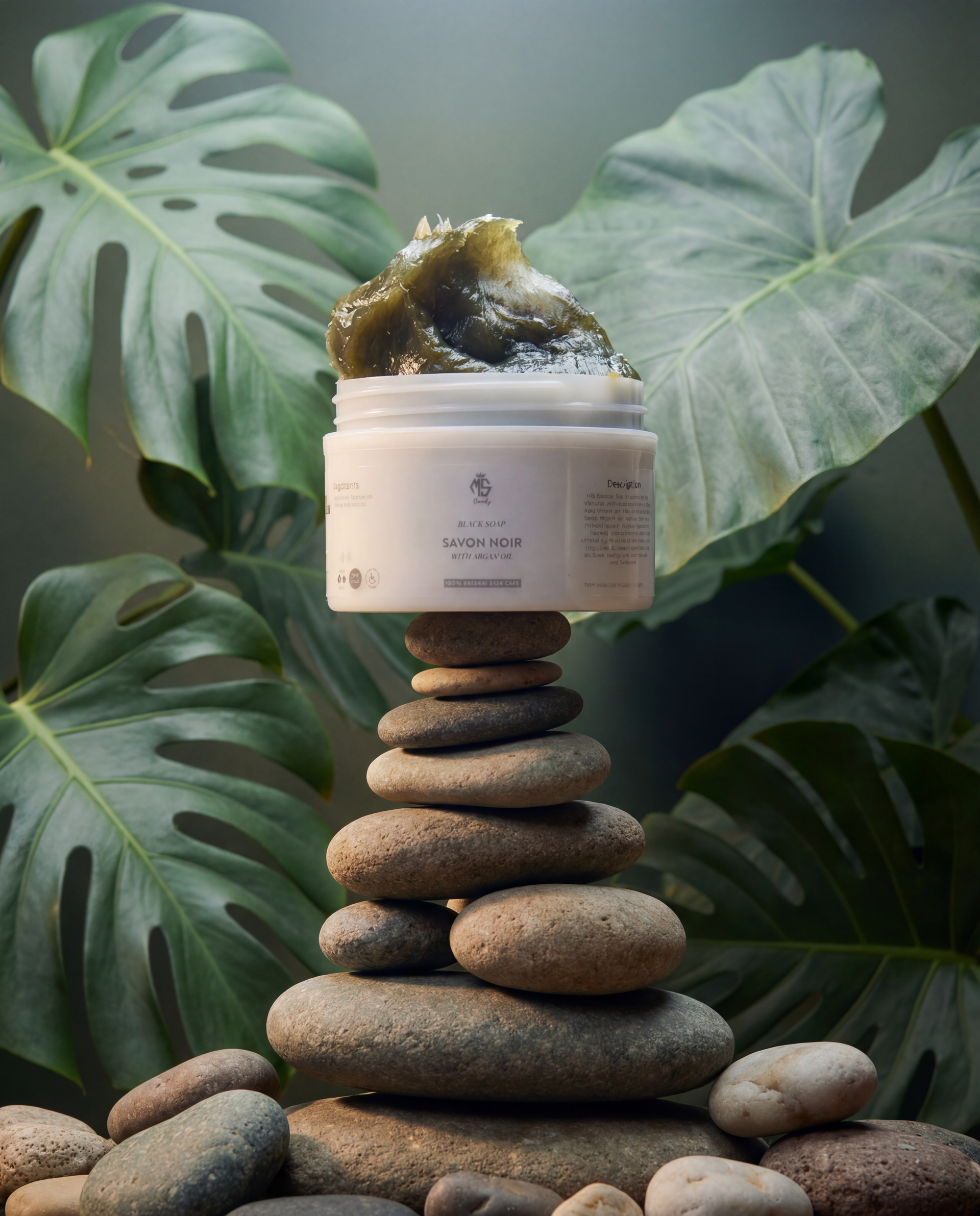 White jar with green lid on a stack of stones against a leafy background