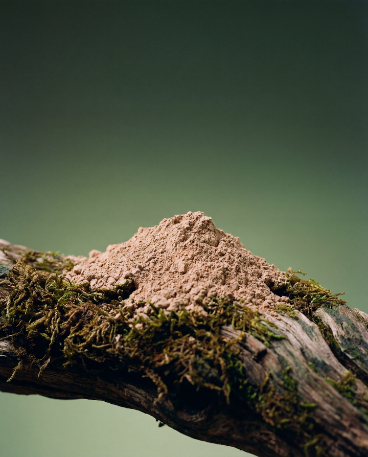Mound of sand on a moss-covered branch with a green gradient background