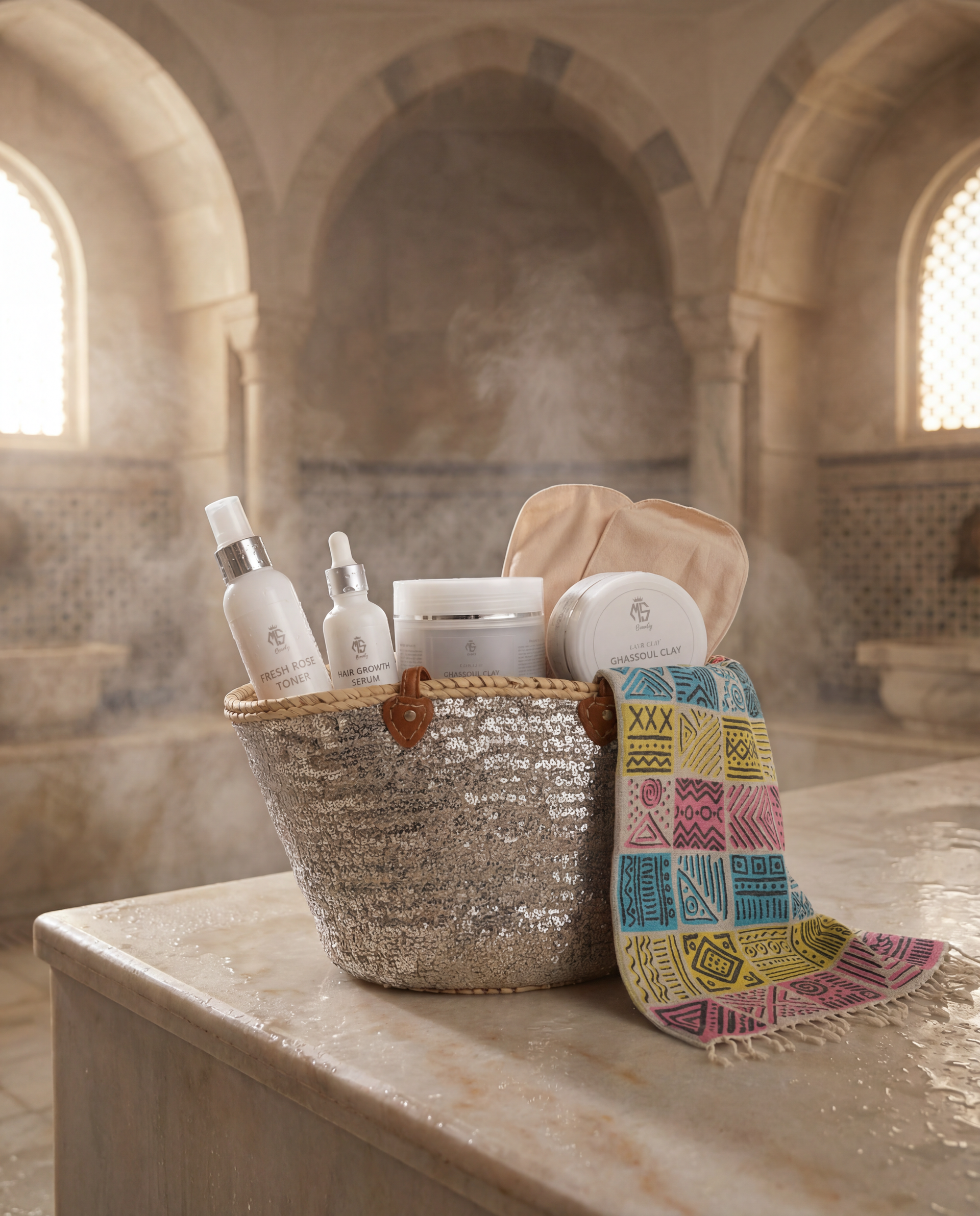 Complete Moroccan hammam gift set with beldi black soap, ghassoul clay, kessa mitt and rose water in a woven palm bag