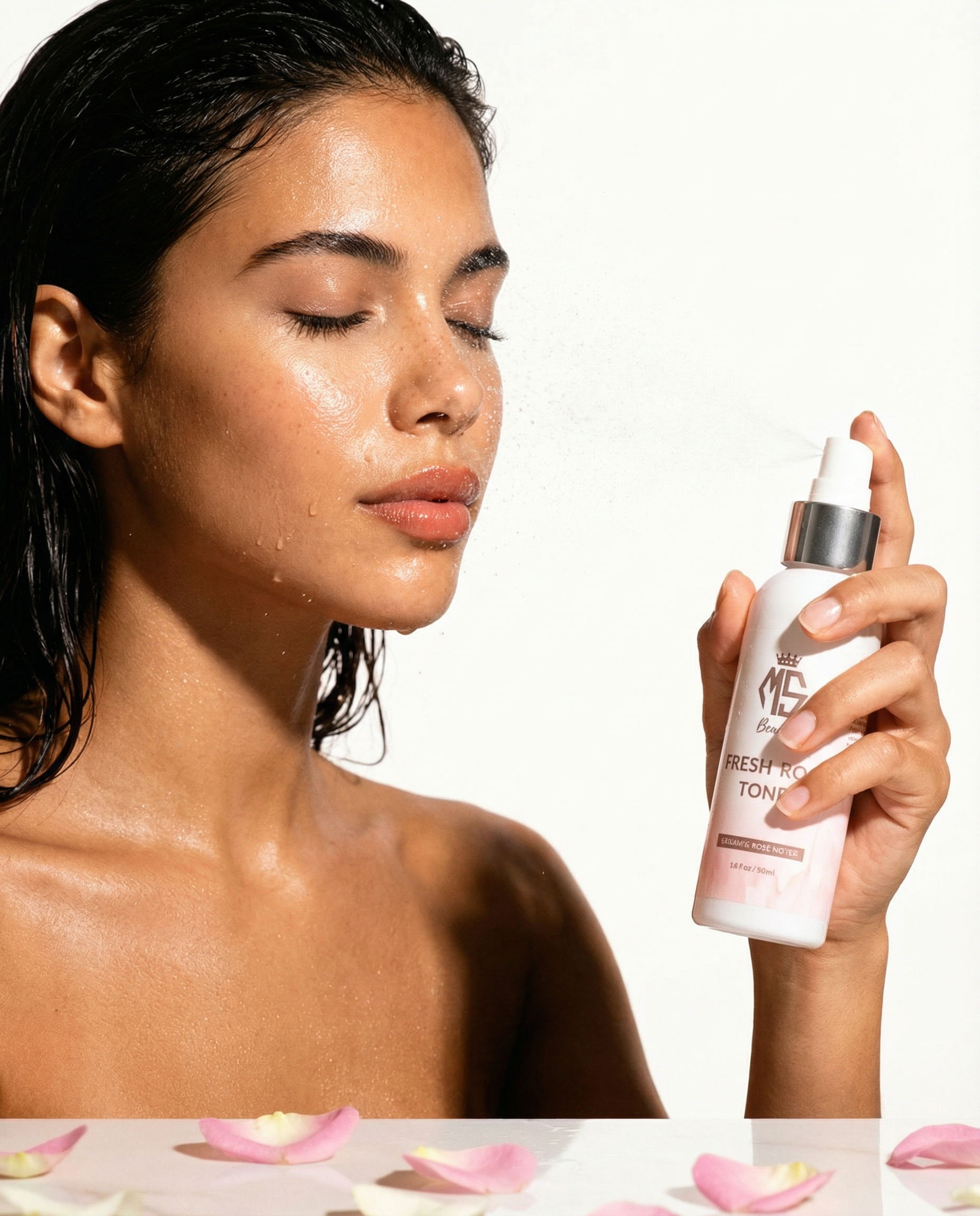 Woman holding a bottle of fresh face toner with pink petals on a white background