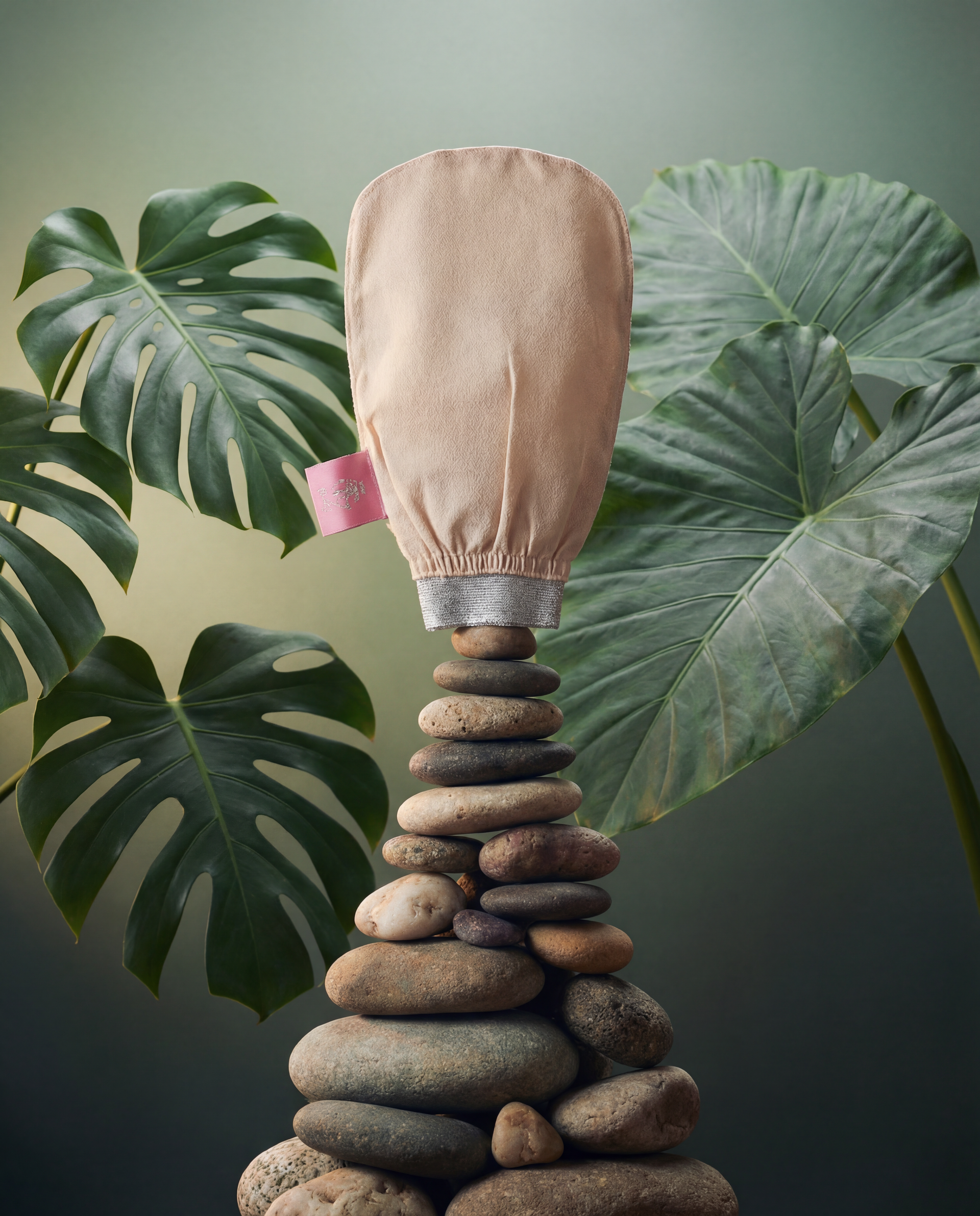 Moroccan silk exfoliating glove draped over stacked stones with leaves