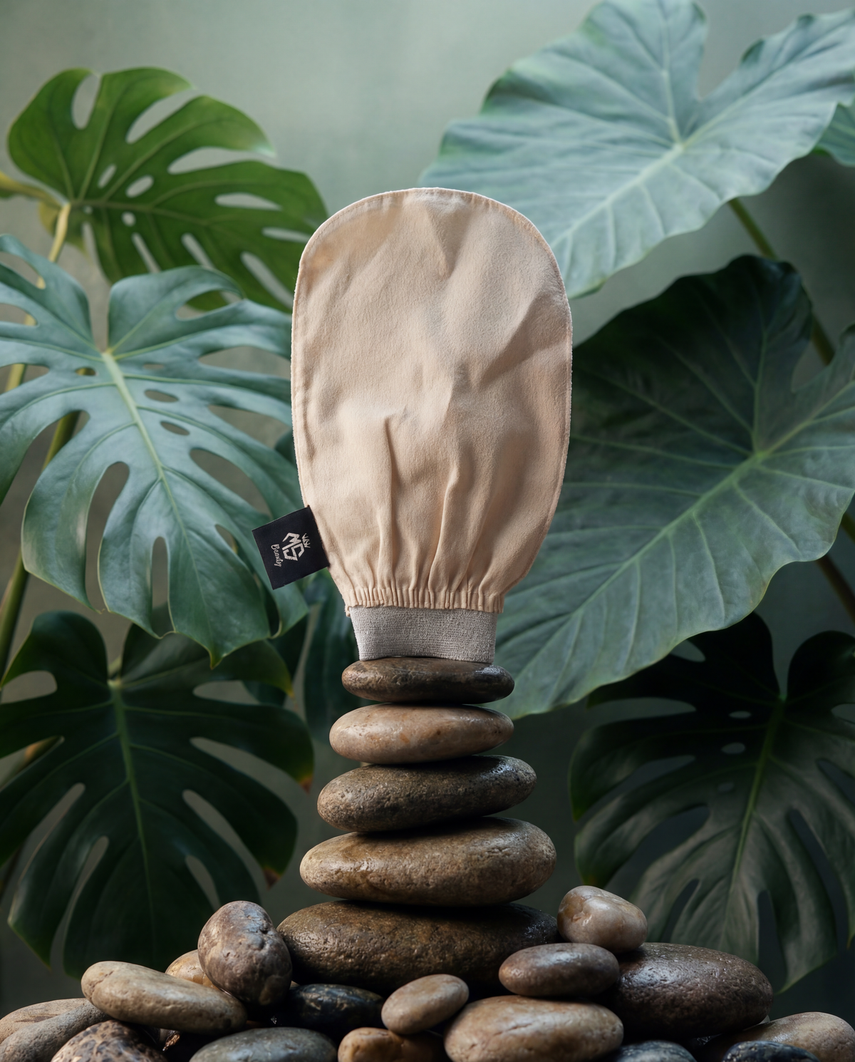 Beige Moroccan silk exfoliating glove on stone pedestal with monstera leaves