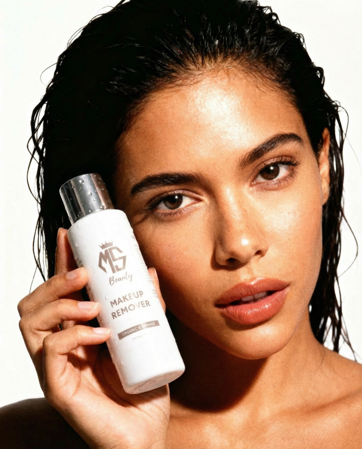 Woman holding organic makeup remover bottle with argan and rose water