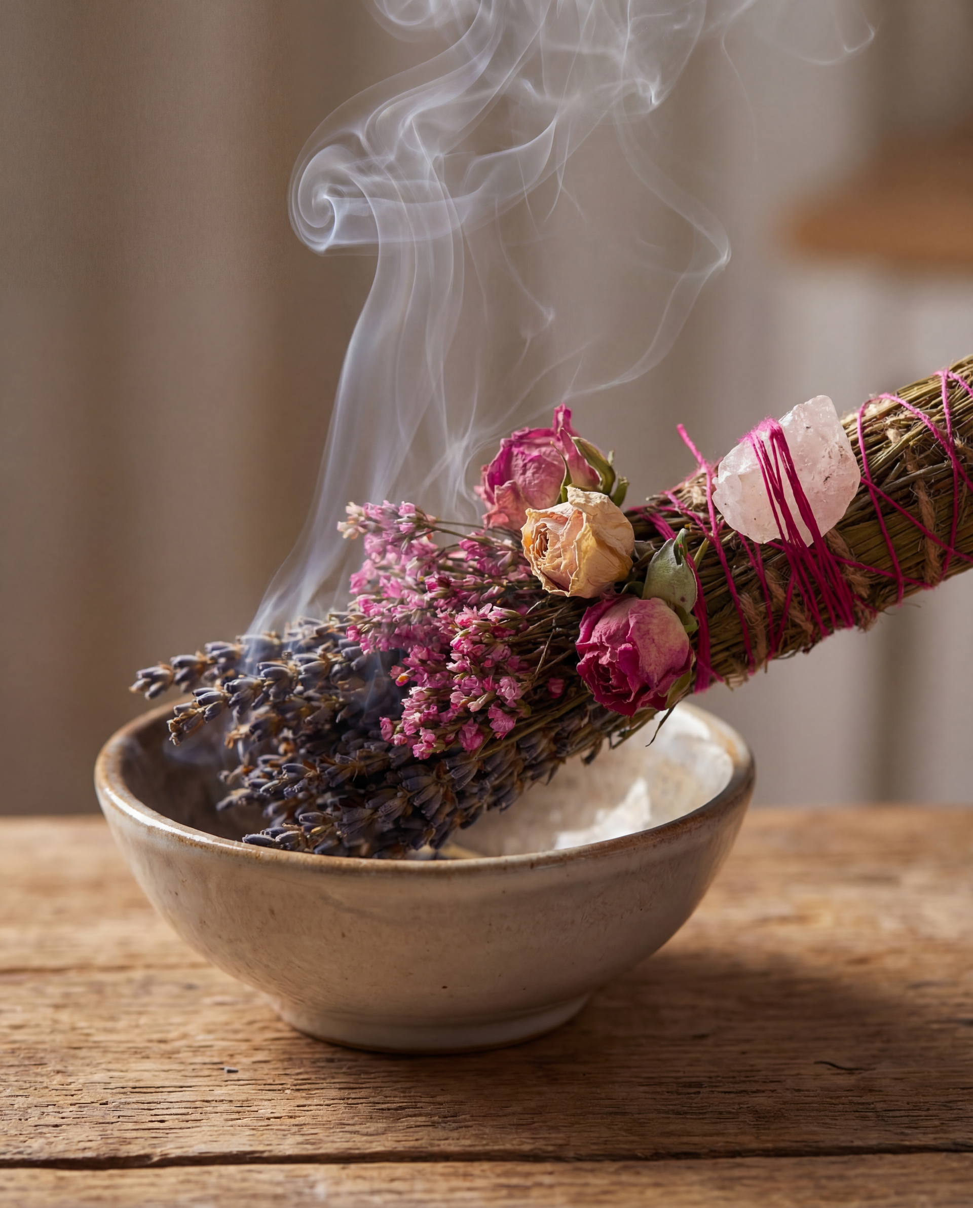 Incense stick with flowers and lavender in a bowl on a wooden surface