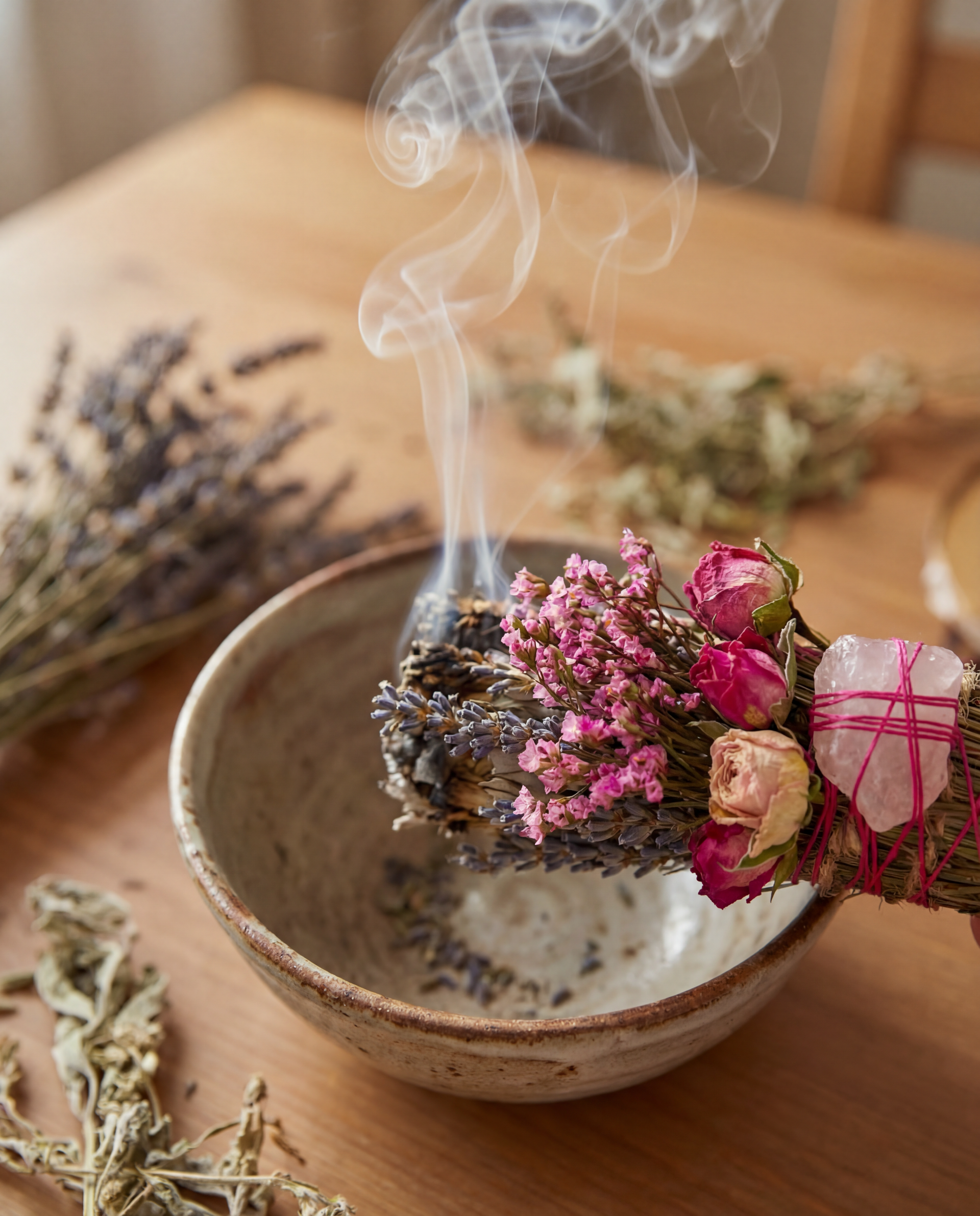 Smoldering bundle of flowers over a ceramic bowl on a wooden surface with lavender and other herbs.