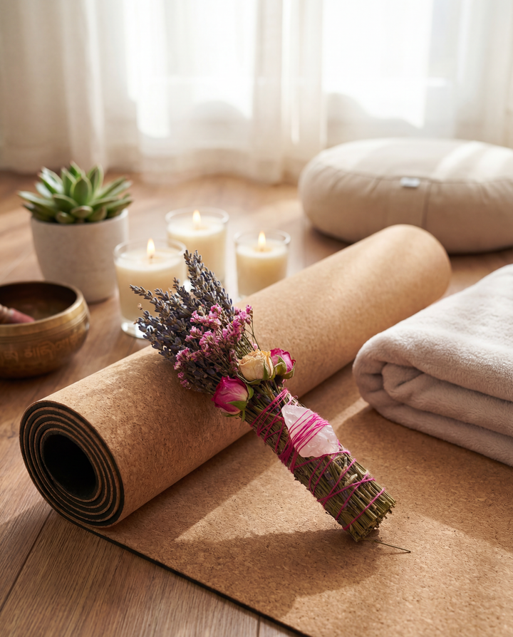 Yoga mat with candles, flowers, and a bowl on a wooden floor.