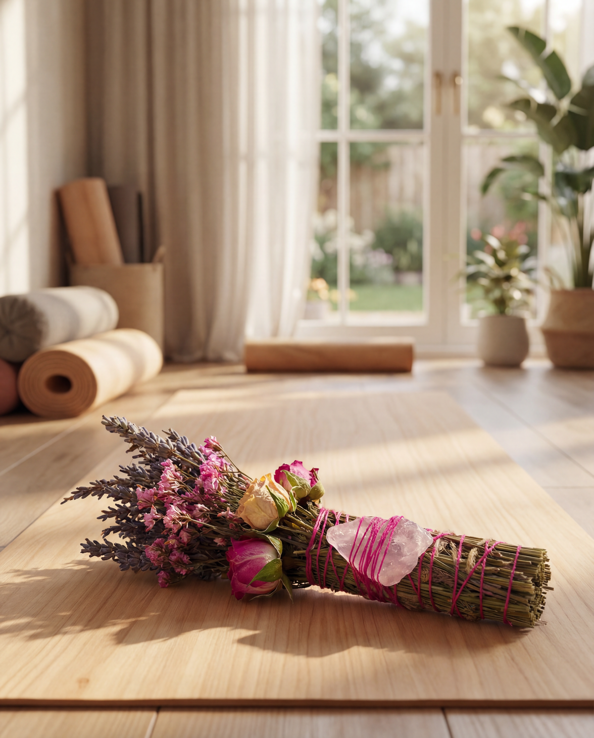 Bouquet of flowers and rolled-up mat on a wooden floor with a garden view through a window.