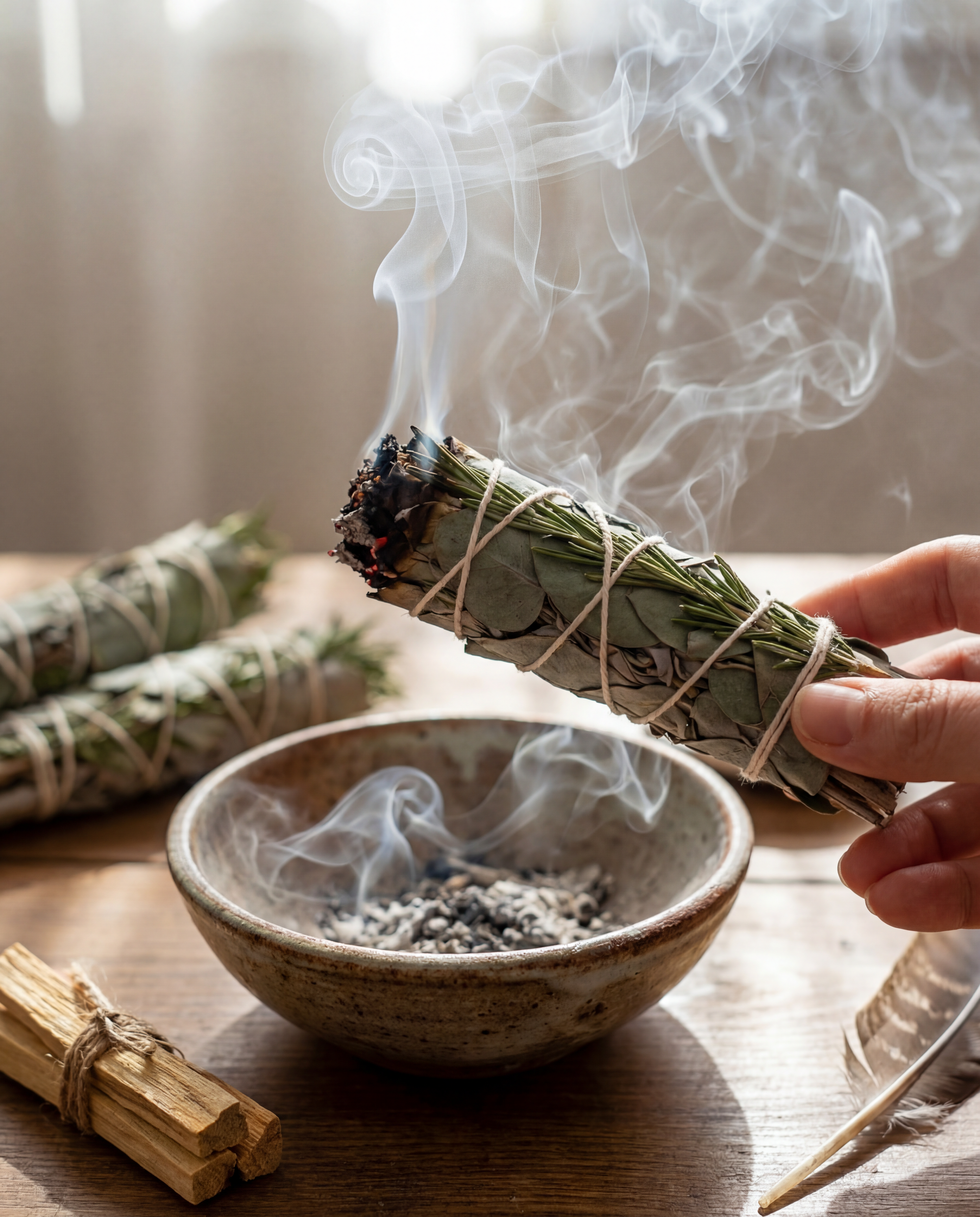 Sage smudge sticks being used over a bowl on a wooden surface