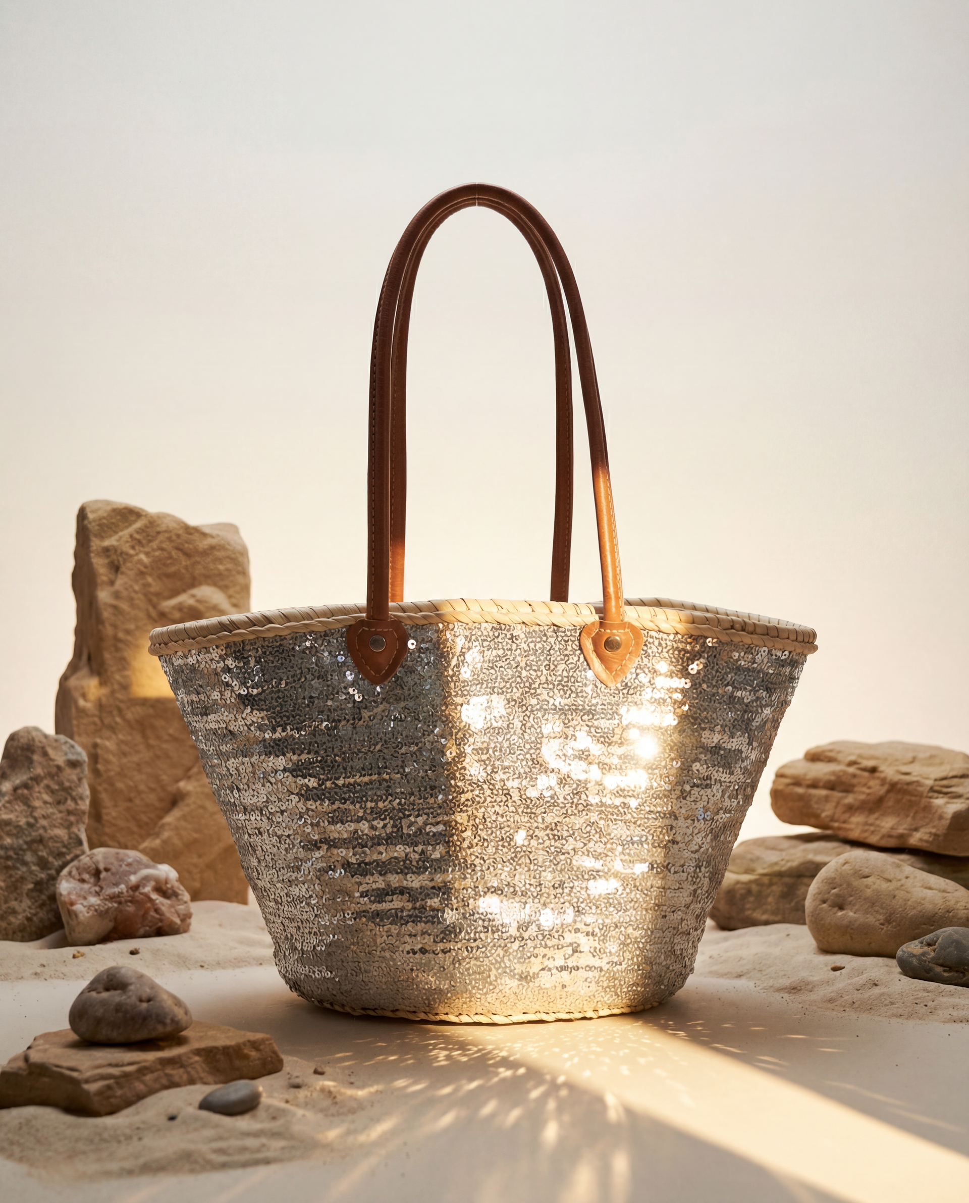 Silver sequin tote bag with brown handles on a sandy background