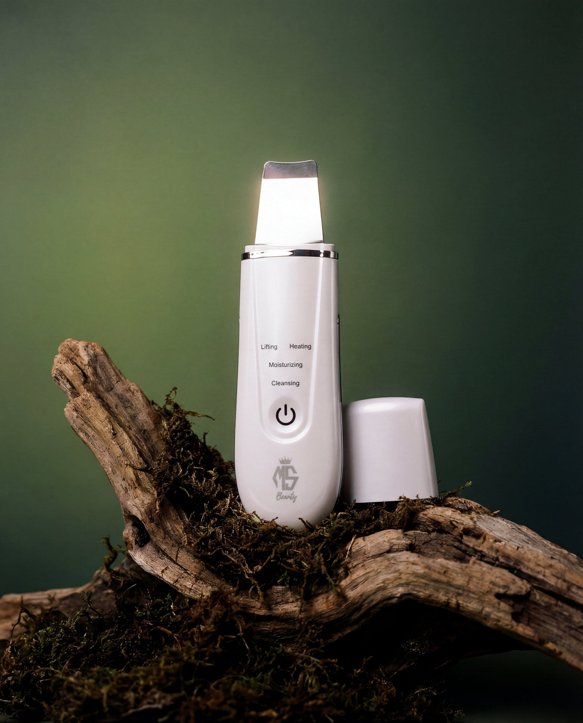 Ultrasonic face cleanser deep pore cleansing device on wooden stand