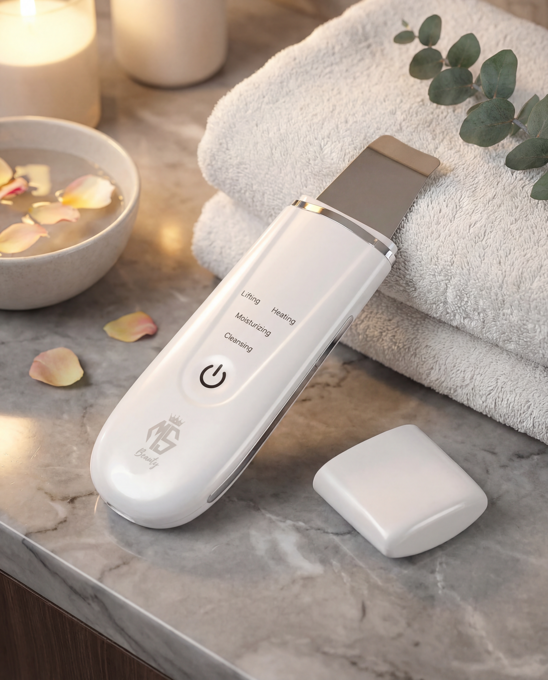 Ultrasonic skin scrubber on marble spa counter with towels