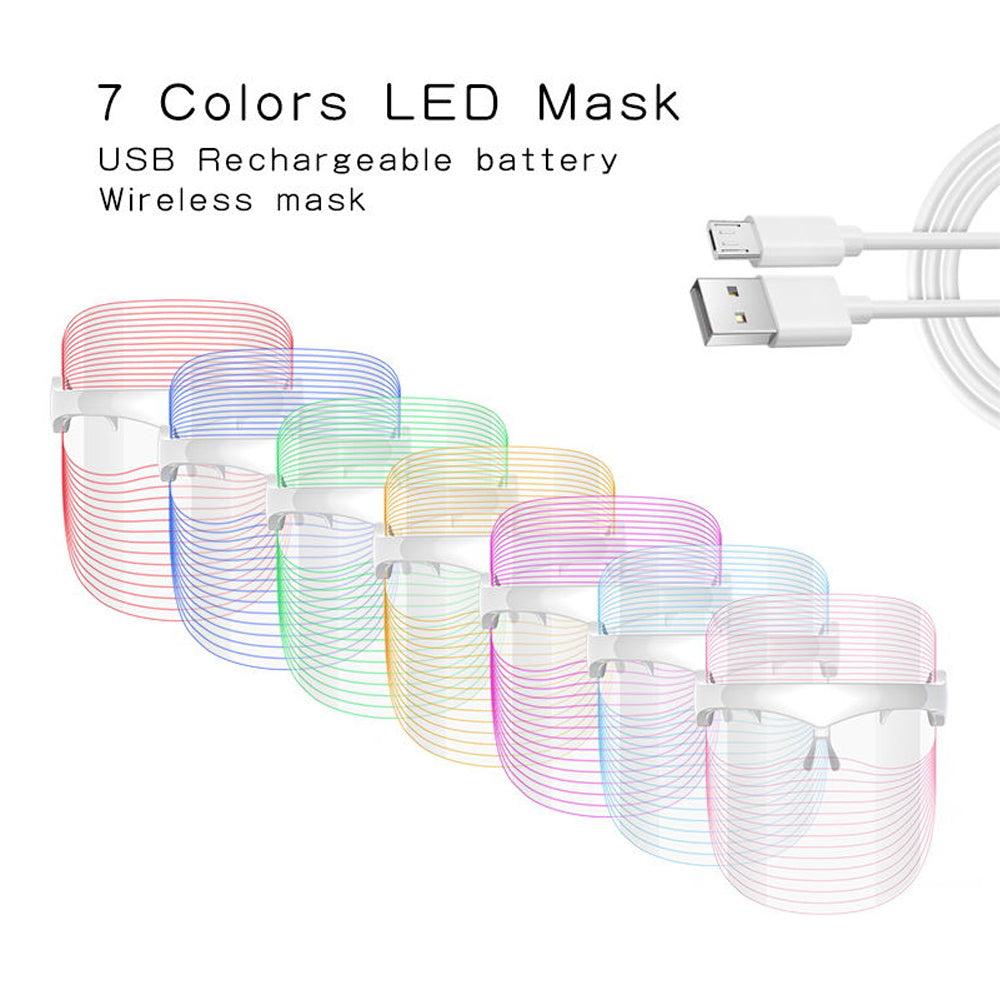 7 Colors LED Light Therapy Face Mask, professional light therapy, comfort of your own home, combat acne, clear skin, brighten skin, reduce wrinkles, fine lines, minimize pores, balance skin tone, accelerate blood circulation, improve skin elasticity, inhibit the formation of melanin pigment, firm skin, enhance skin texture, high-quality materials, advanced LED technology, safe, gentle, easy to use, radiant, youthful-looking skin.